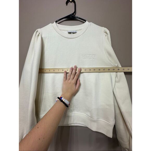 NWOT Ganni Puff Shoulder Cream Embroidered Logo Sweatshirt Sweater Women's L - Picture 7 of 11